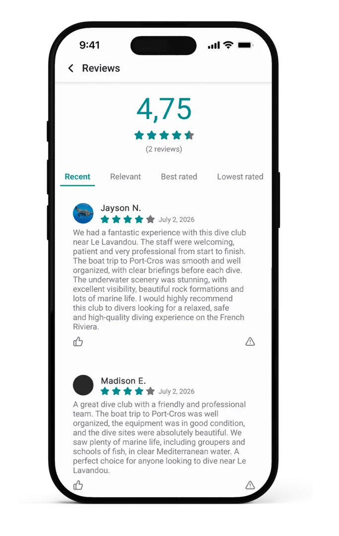 Valutazioni e recensioni lasciate sulla scheda di un club Scubbl