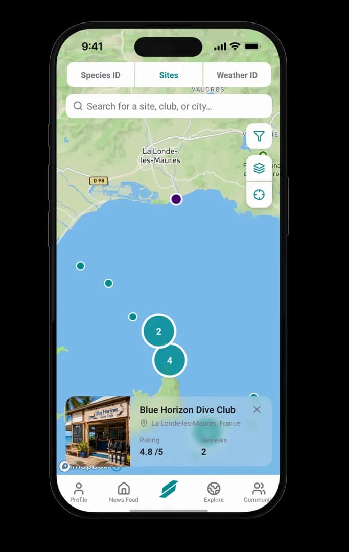 Mapa de visibilidad Scubbl Pro para clubes de buceo
