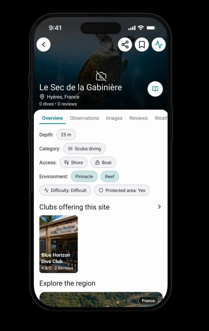 Clube de mergulho visível a partir de uma ficha de ponto de mergulho